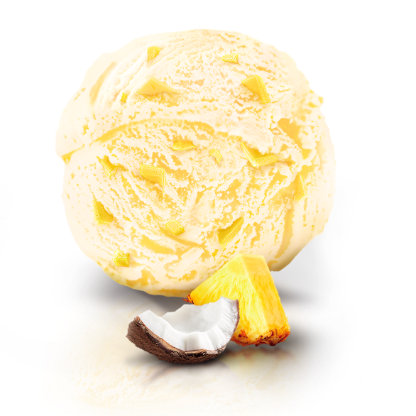 “LOVENTA” cream ice cream with pina colada flavor and pineapple pieces